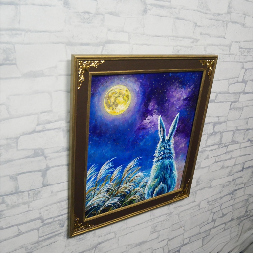 【油絵原画】月夜の願い〜満天の星とうさぎの約束〜【アンティーク額縁・ラッピング付】うさぎ・ファンタジー・秋