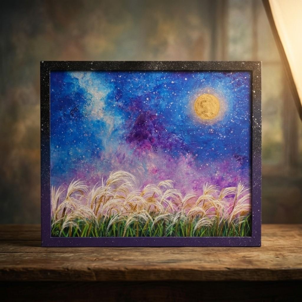 【油絵原画】黄金の月夜に揺れる 〜満月と天の川、星降る秋のススキ〜