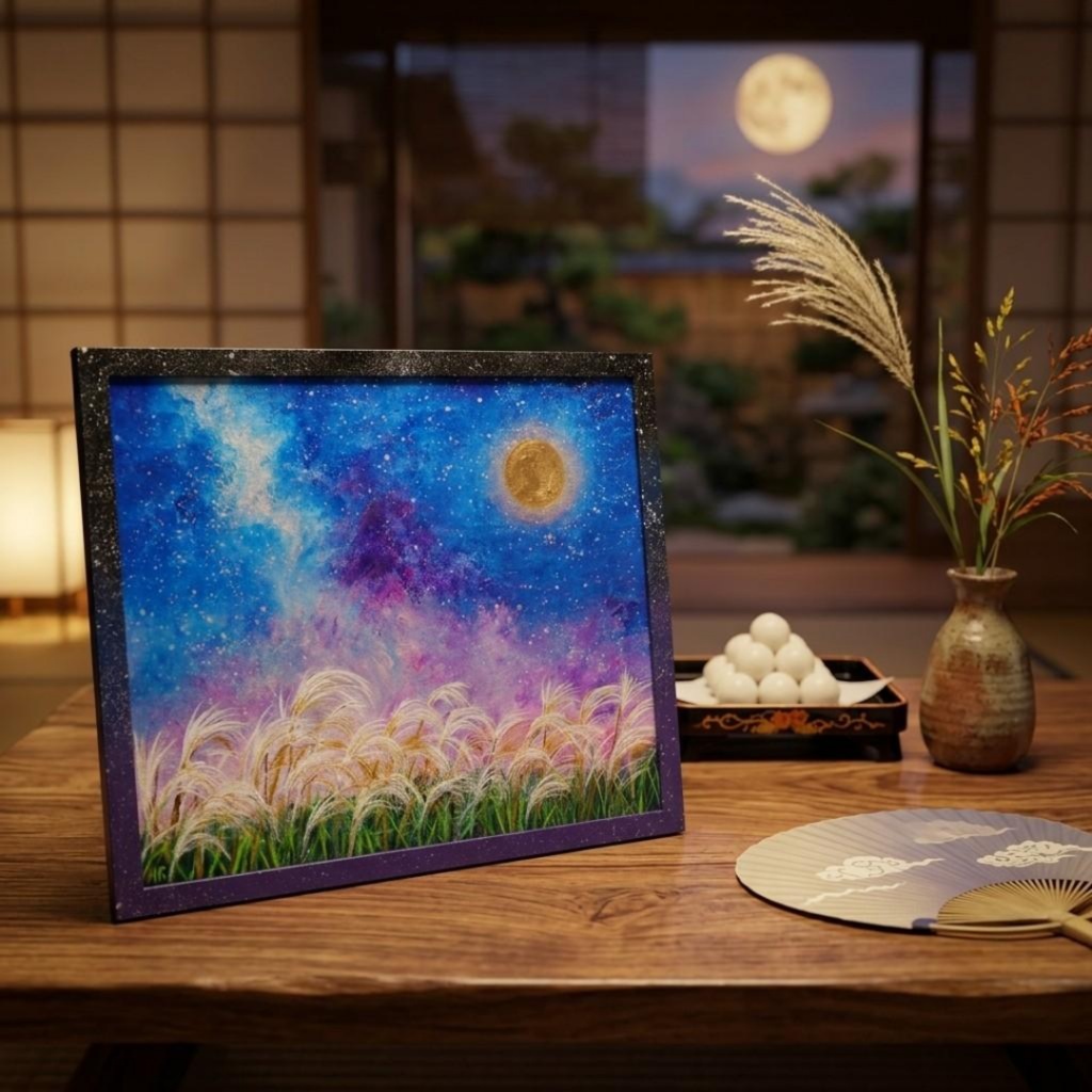 【油絵原画】黄金の月夜に揺れる 〜満月と天の川、星降る秋のススキ〜
