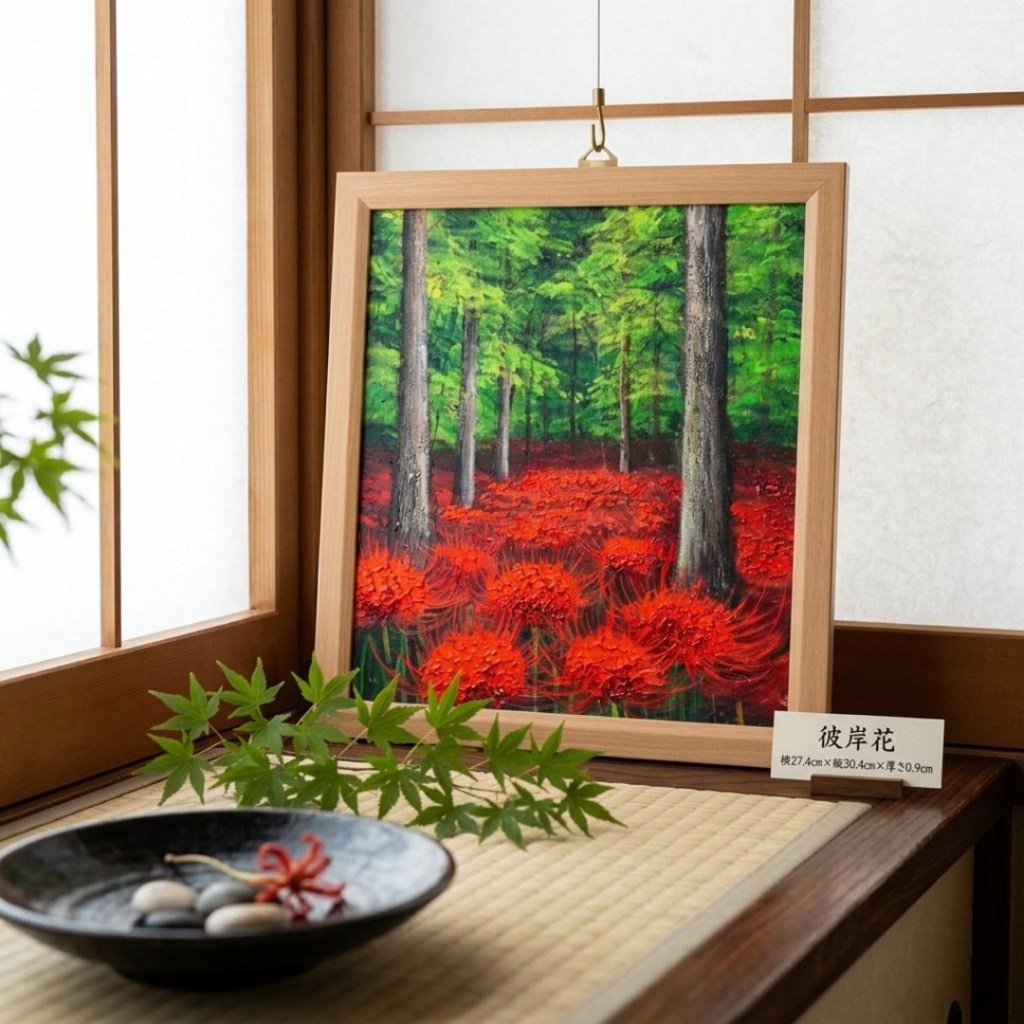 【油絵原画】「深緑に咲き誇る、赤き輪廻」彼岸花の森(額縁・ラッピング込/色紙サイズ)