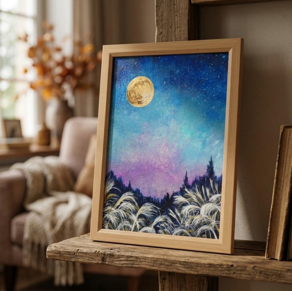 【満月/秋の夜長】油絵 原画『月華の夜 〜満天の星と黄金の月〜』A4額縁・ギフトラッピング付 ススキの夜空 絵画