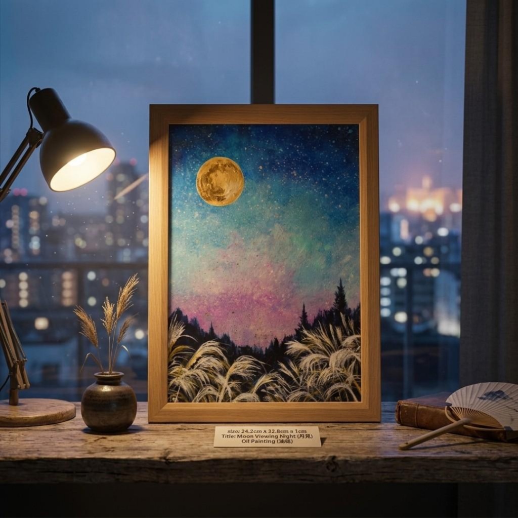 【満月/秋の夜長】油絵 原画『月華の夜 〜満天の星と黄金の月〜』A4額縁・ギフトラッピング付 ススキの夜空 絵画
