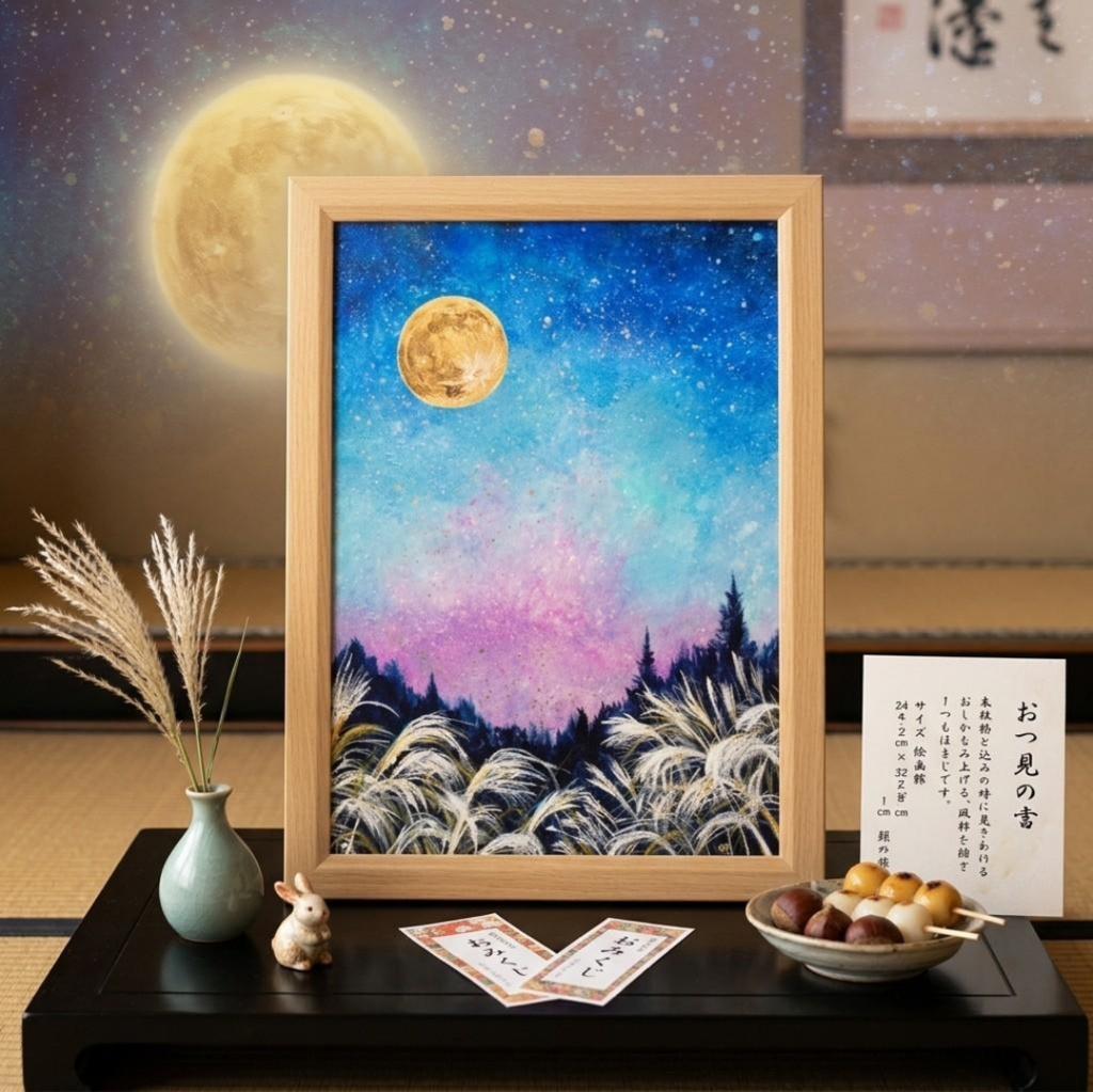【満月/秋の夜長】油絵 原画『月華の夜 〜満天の星と黄金の月〜』A4額縁・ギフトラッピング付 ススキの夜空 絵画