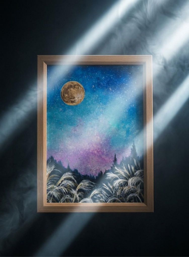 【満月/秋の夜長】油絵 原画『月華の夜 〜満天の星と黄金の月〜』A4額縁・ギフトラッピング付 ススキの夜空 絵画