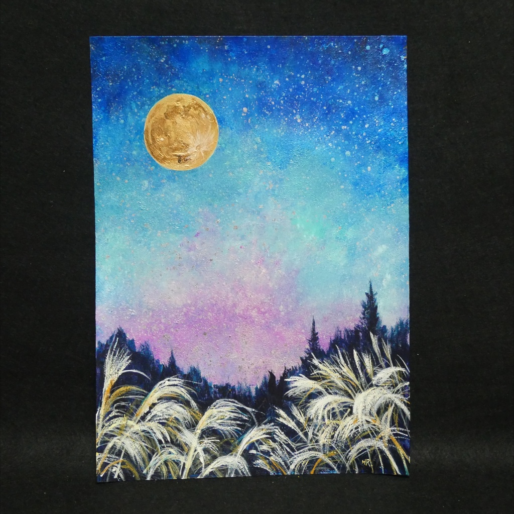 【満月/秋の夜長】油絵 原画『月華の夜 〜満天の星と黄金の月〜』A4額縁・ギフトラッピング付 ススキの夜空 絵画