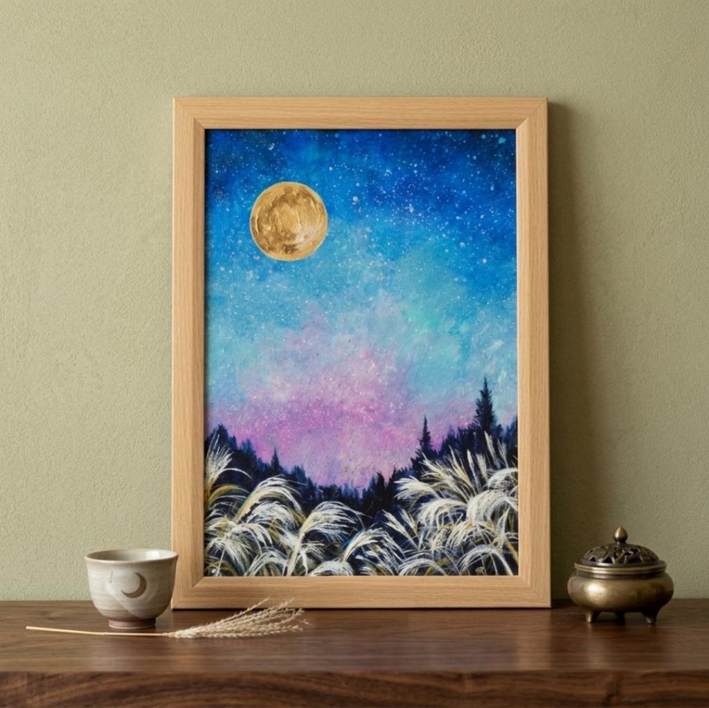 【満月/秋の夜長】油絵 原画『月華の夜 〜満天の星と黄金の月〜』A4額縁・ギフトラッピング付 ススキの夜空 絵画