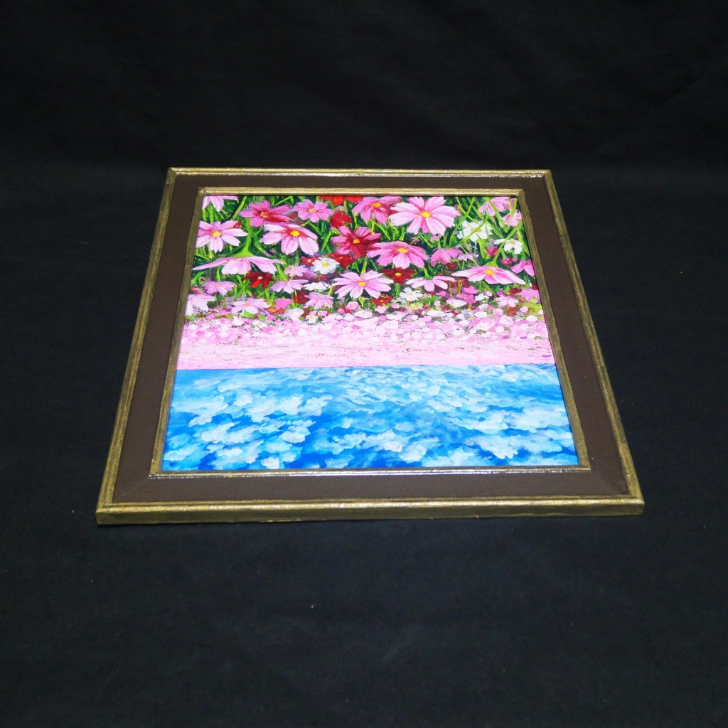 【油絵 原画・額装済】雲流れる秋空のパレット(コスモス畑の風景画 / 色紙サイズ / ラッピング付)