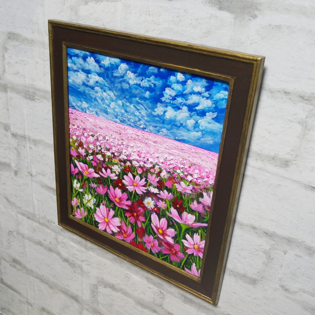 【油絵 原画・額装済】雲流れる秋空のパレット(コスモス畑の風景画 / 色紙サイズ / ラッピング付)