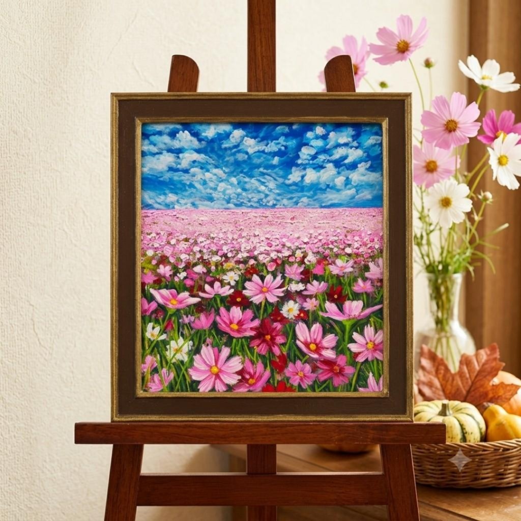 【油絵 原画・額装済】雲流れる秋空のパレット（コスモス畑の風景画 / 色紙サイズ / ラッピング付）