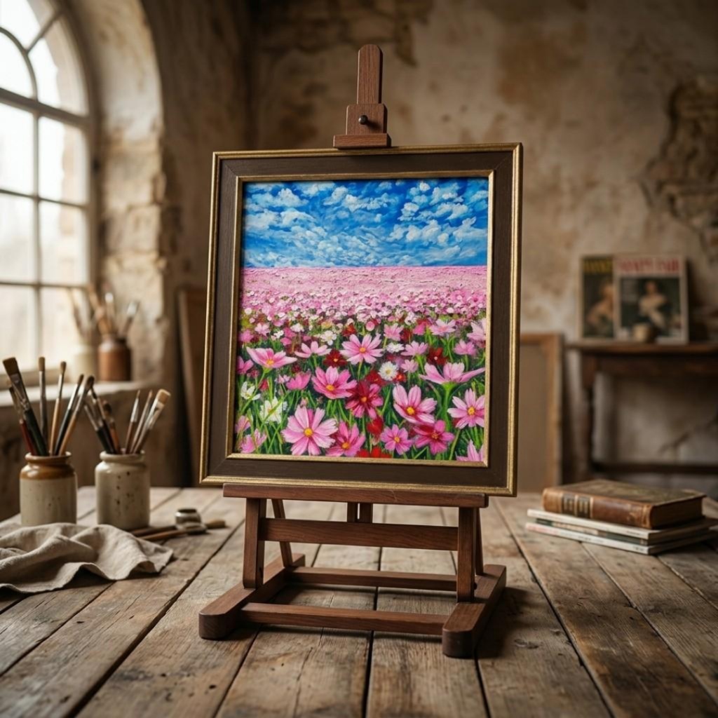 【油絵 原画・額装済】雲流れる秋空のパレット(コスモス畑の風景画 / 色紙サイズ / ラッピング付)