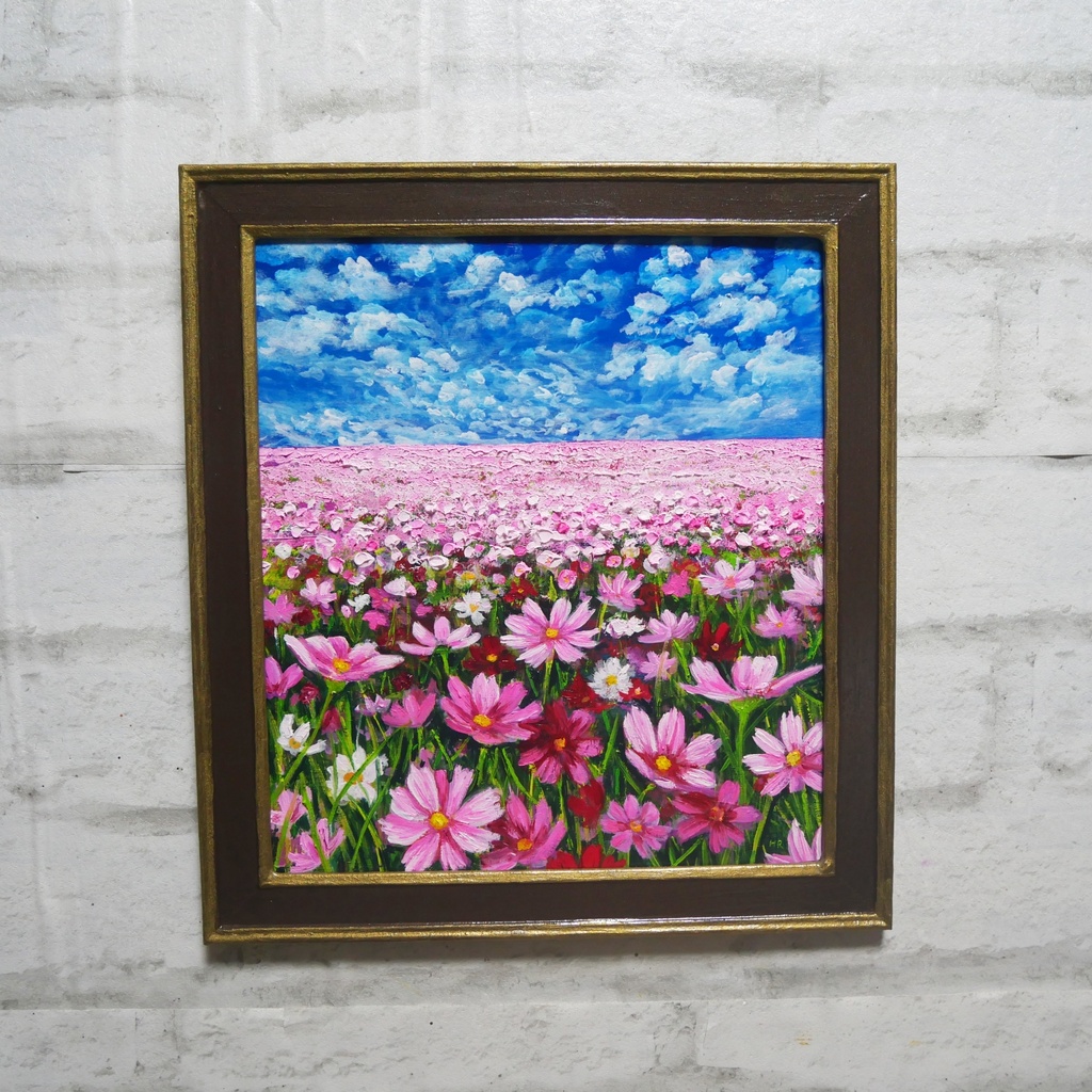 【油絵 原画・額装済】雲流れる秋空のパレット(コスモス畑の風景画 / 色紙サイズ / ラッピング付)