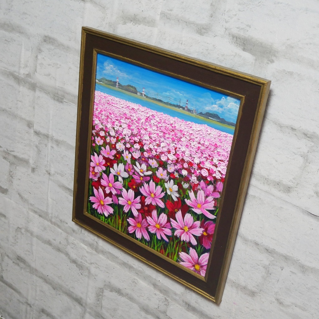 【原画/額縁付】油絵・風景画「コスモス満開の特等席 〜遠賀川の秋風〜」