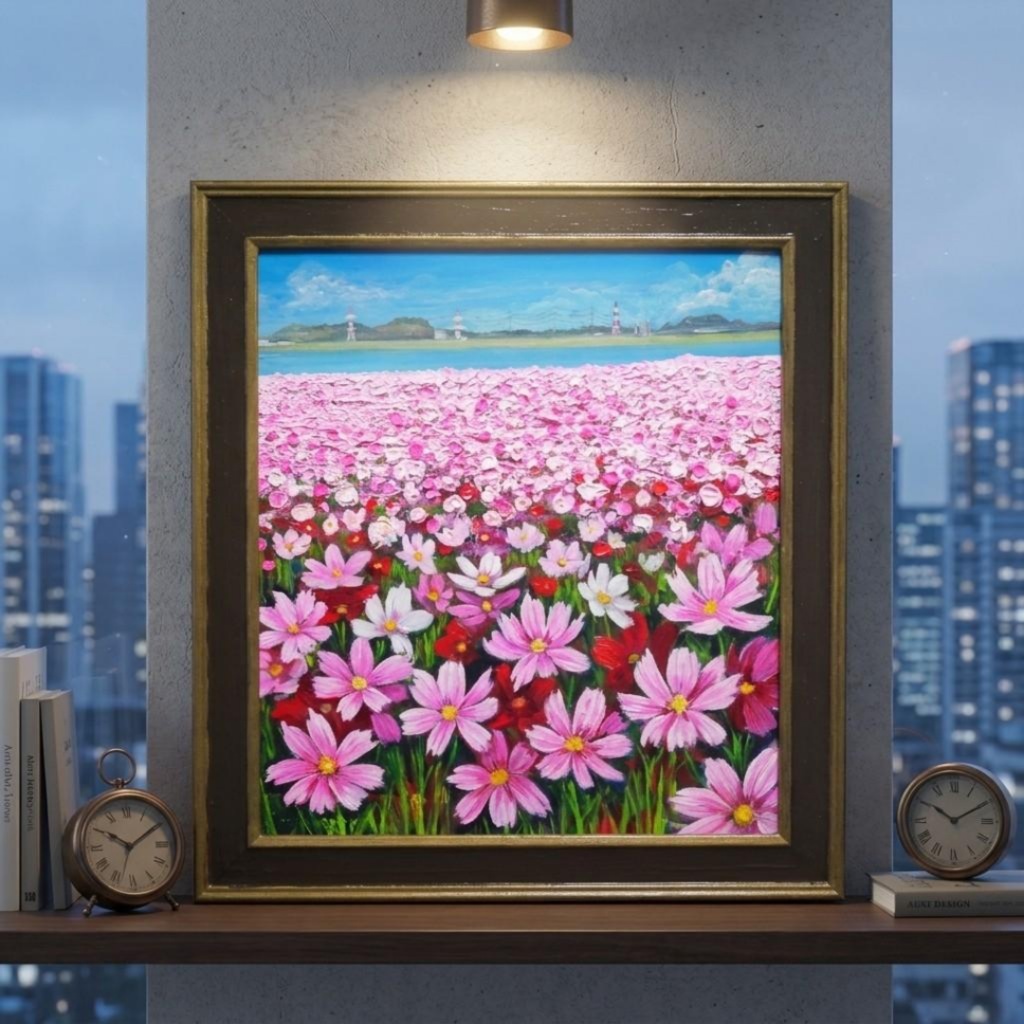 【原画/額縁付】油絵・風景画「コスモス満開の特等席 〜遠賀川の秋風〜」