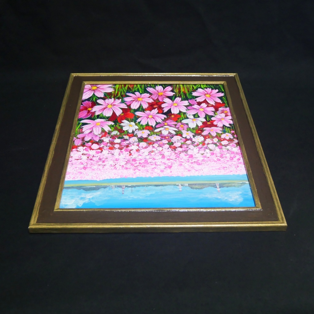【原画/額縁付】油絵・風景画「コスモス満開の特等席 〜遠賀川の秋風〜」