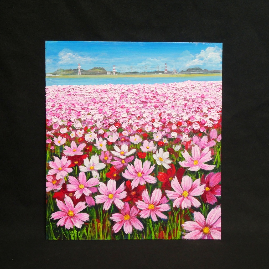 【原画/額縁付】油絵・風景画「コスモス満開の特等席 〜遠賀川の秋風〜」