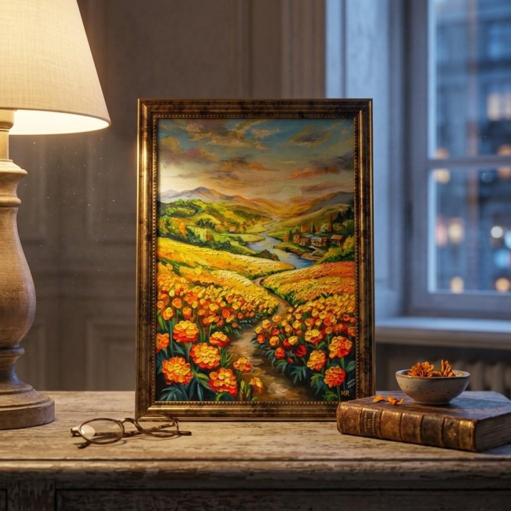 【油絵/原画/額装済】マリーゴールドの咲く黄金の夕暮れ風景画『至福の小道』A4サイズ/アンティークゴールド額縁/ギフト対応