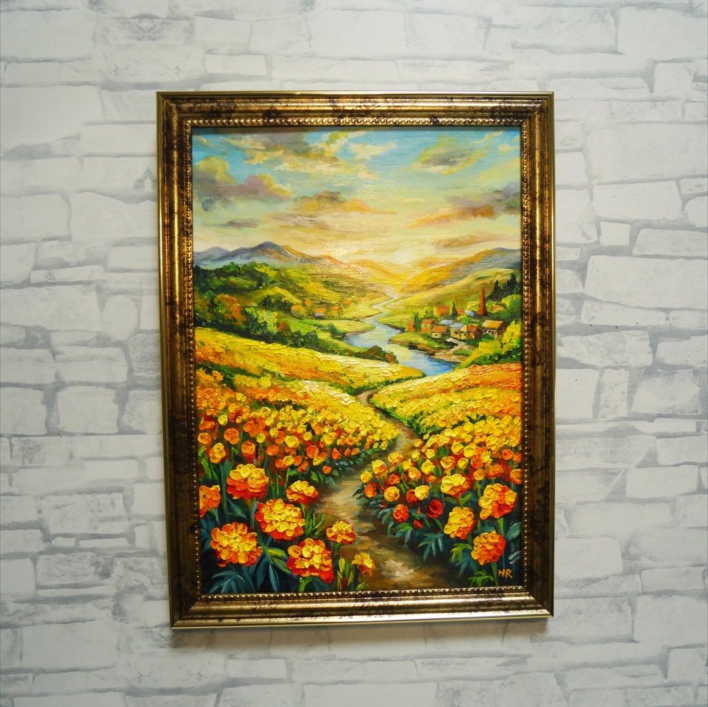 【油絵/原画/額装済】マリーゴールドの咲く黄金の夕暮れ風景画『至福の小道』A4サイズ/アンティークゴールド額縁/ギフト対応