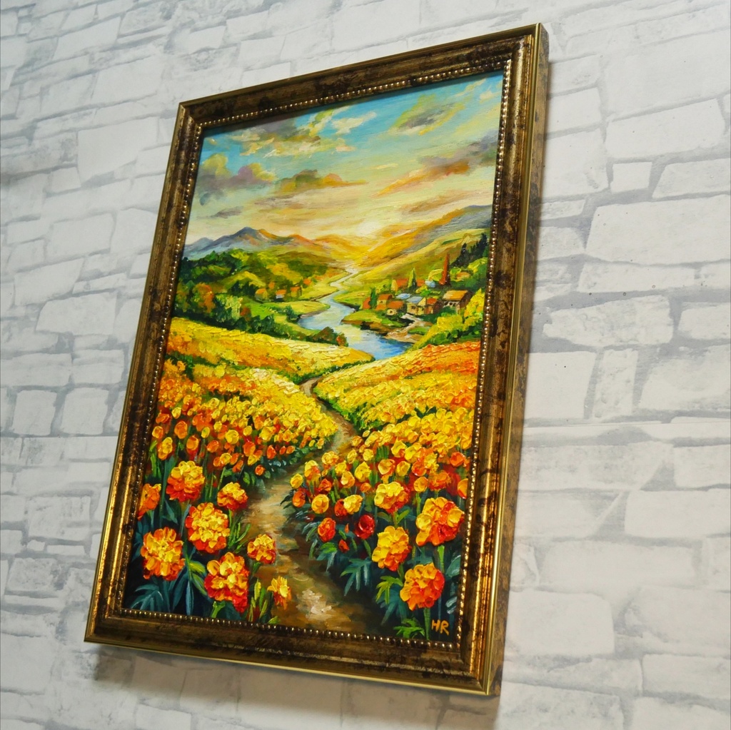 【油絵/原画/額装済】マリーゴールドの咲く黄金の夕暮れ風景画『至福の小道』A4サイズ/アンティークゴールド額縁/ギフト対応