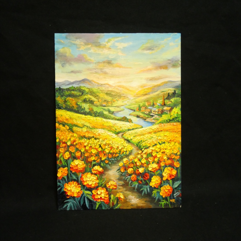 【油絵/原画/額装済】マリーゴールドの咲く黄金の夕暮れ風景画『至福の小道』A4サイズ/アンティークゴールド額縁/ギフト対応
