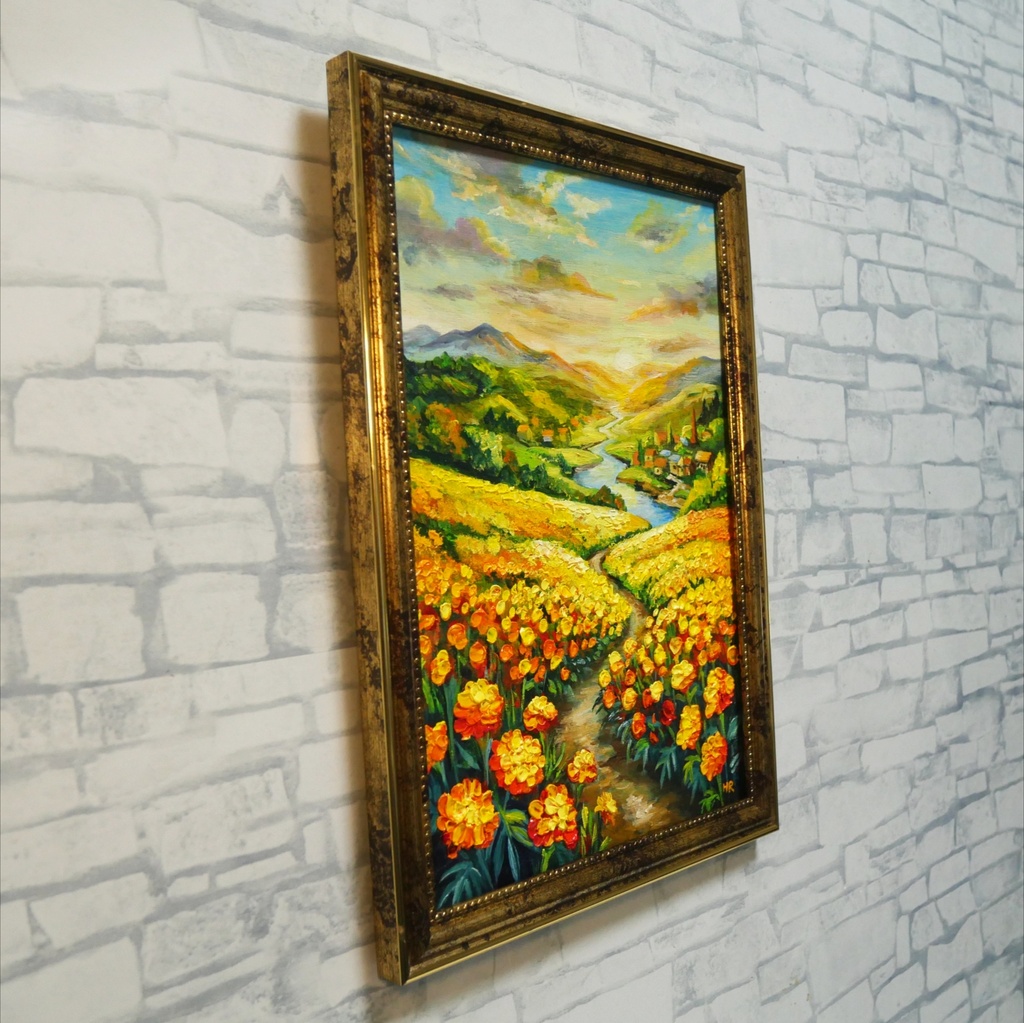 【油絵/原画/額装済】マリーゴールドの咲く黄金の夕暮れ風景画『至福の小道』A4サイズ/アンティークゴールド額縁/ギフト対応