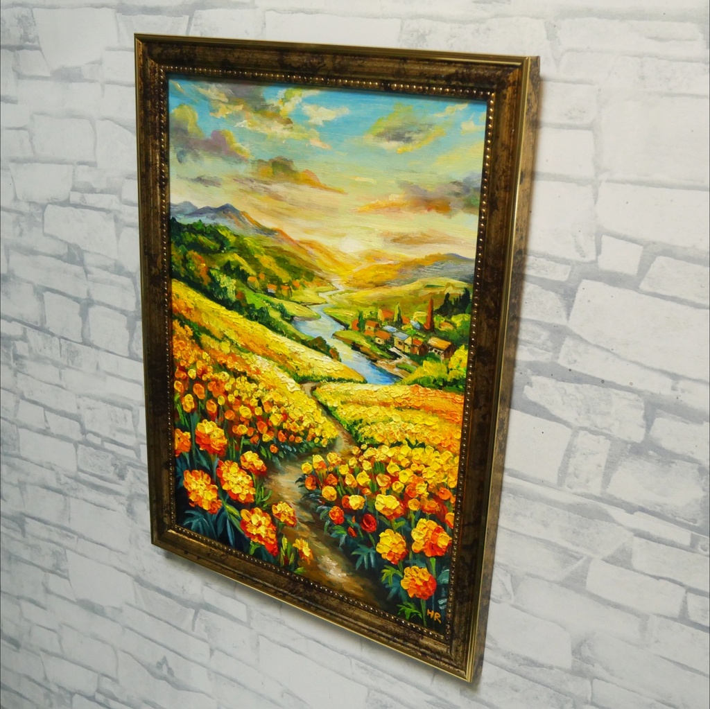 【油絵/原画/額装済】マリーゴールドの咲く黄金の夕暮れ風景画『至福の小道』A4サイズ/アンティークゴールド額縁/ギフト対応