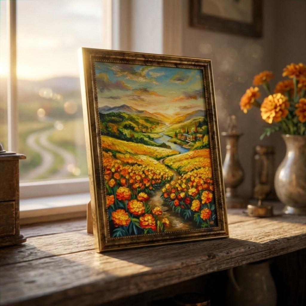 【油絵/原画/額装済】マリーゴールドの咲く黄金の夕暮れ風景画『至福の小道』A4サイズ/アンティークゴールド額縁/ギフト対応