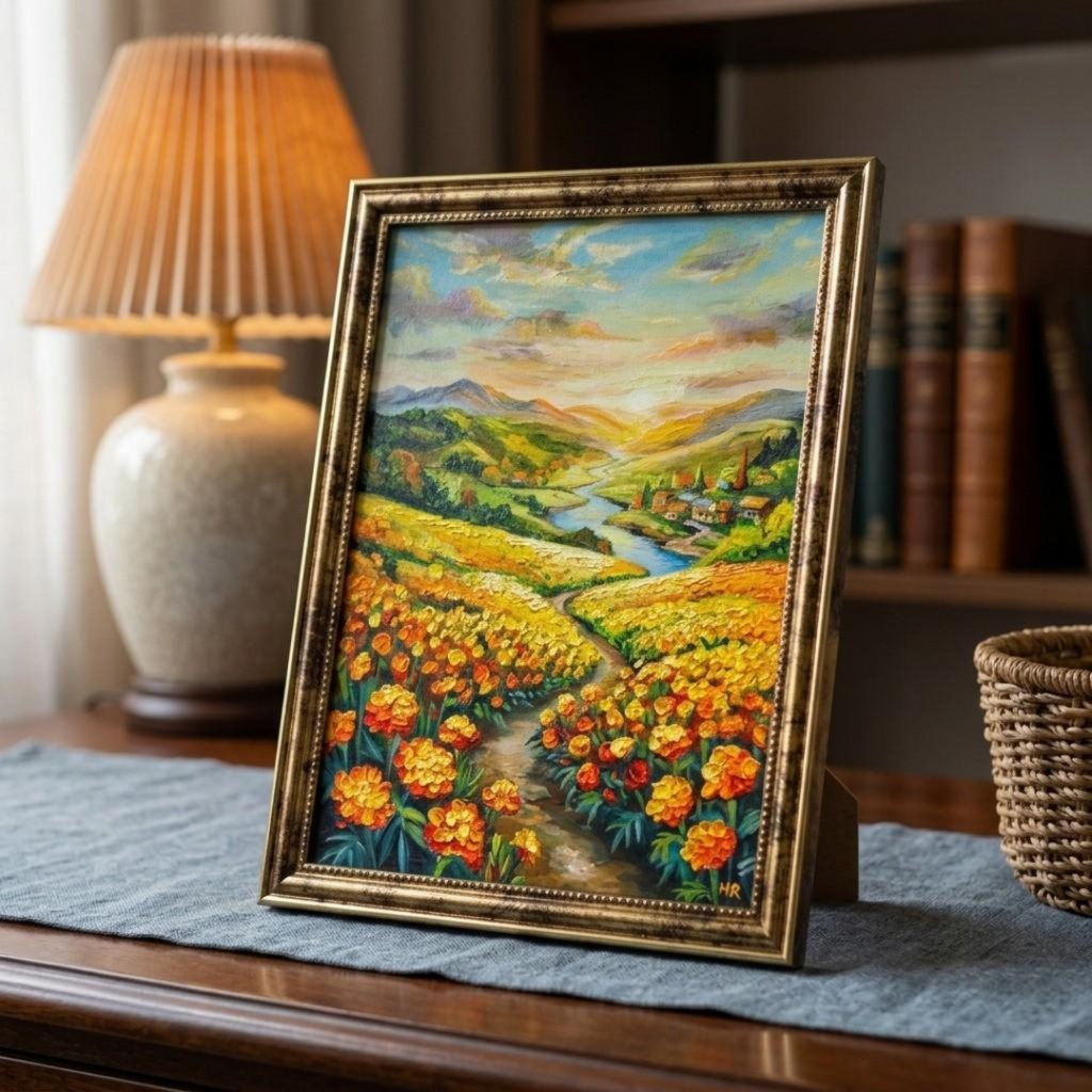 【油絵/原画/額装済】マリーゴールドの咲く黄金の夕暮れ風景画『至福の小道』A4サイズ/アンティークゴールド額縁/ギフト対応