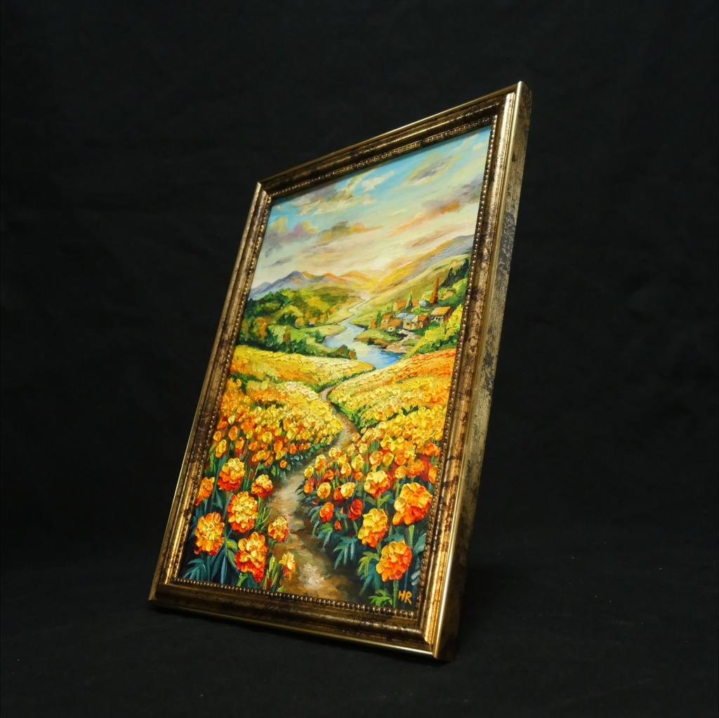 【油絵/原画/額装済】マリーゴールドの咲く黄金の夕暮れ風景画『至福の小道』A4サイズ/アンティークゴールド額縁/ギフト対応