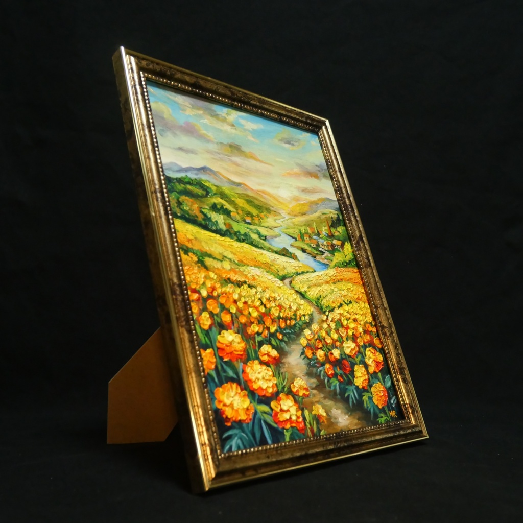 【油絵/原画/額装済】マリーゴールドの咲く黄金の夕暮れ風景画『至福の小道』A4サイズ/アンティークゴールド額縁/ギフト対応