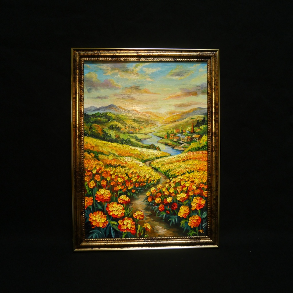 【油絵/原画/額装済】マリーゴールドの咲く黄金の夕暮れ風景画『至福の小道』A4サイズ/アンティークゴールド額縁/ギフト対応