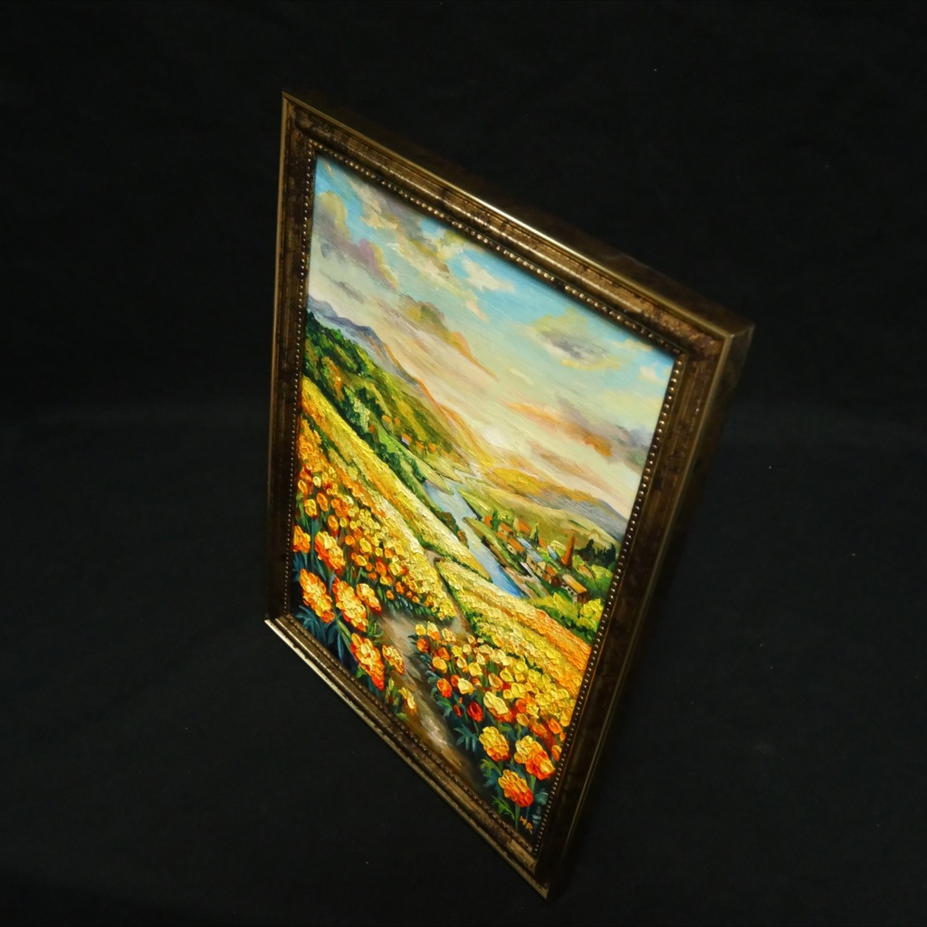 【油絵/原画/額装済】マリーゴールドの咲く黄金の夕暮れ風景画『至福の小道』A4サイズ/アンティークゴールド額縁/ギフト対応