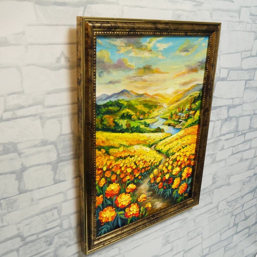 【油絵/原画/額装済】マリーゴールドの咲く黄金の夕暮れ風景画『至福の小道』A4サイズ/アンティークゴールド額縁/ギフト対応