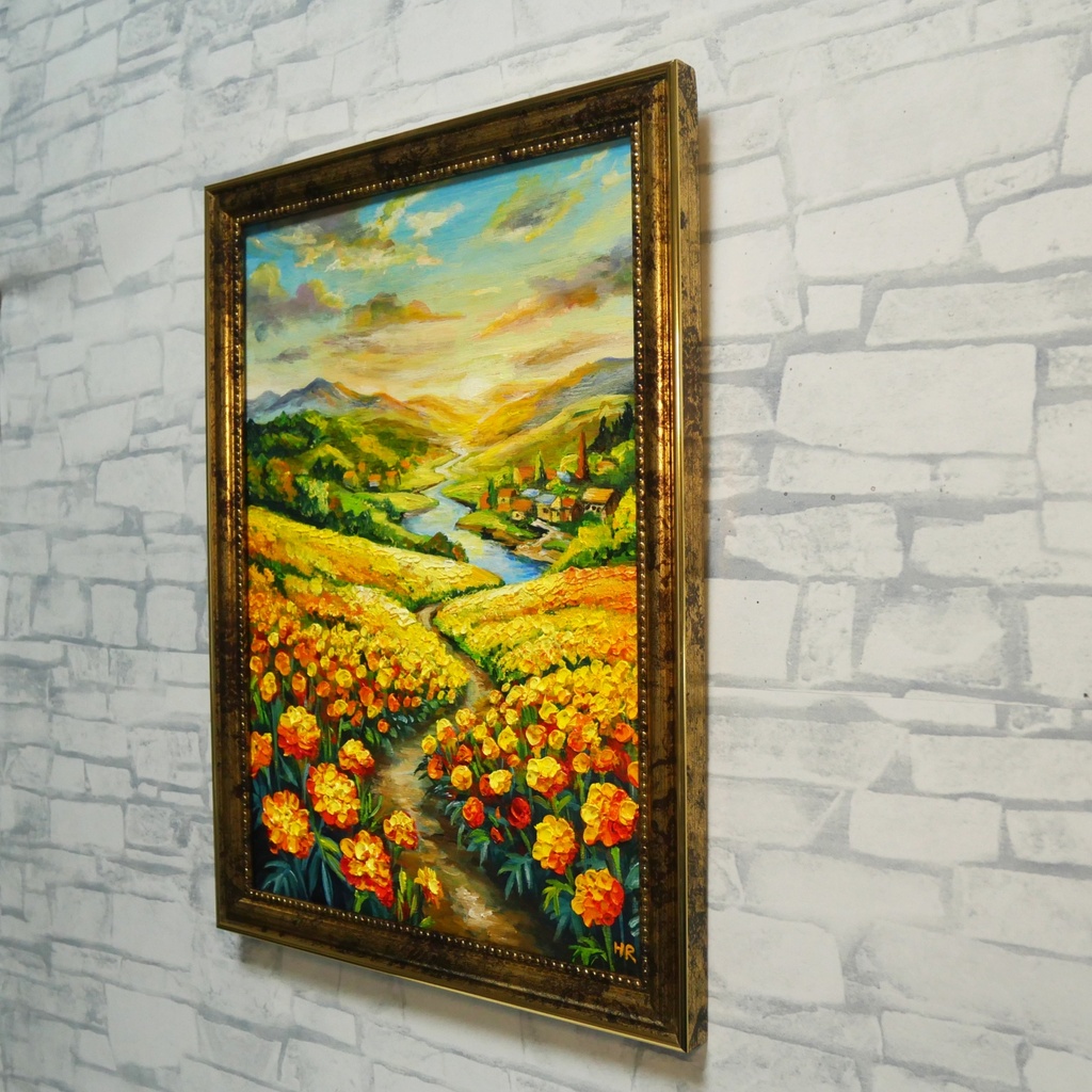 【油絵/原画/額装済】マリーゴールドの咲く黄金の夕暮れ風景画『至福の小道』A4サイズ/アンティークゴールド額縁/ギフト対応