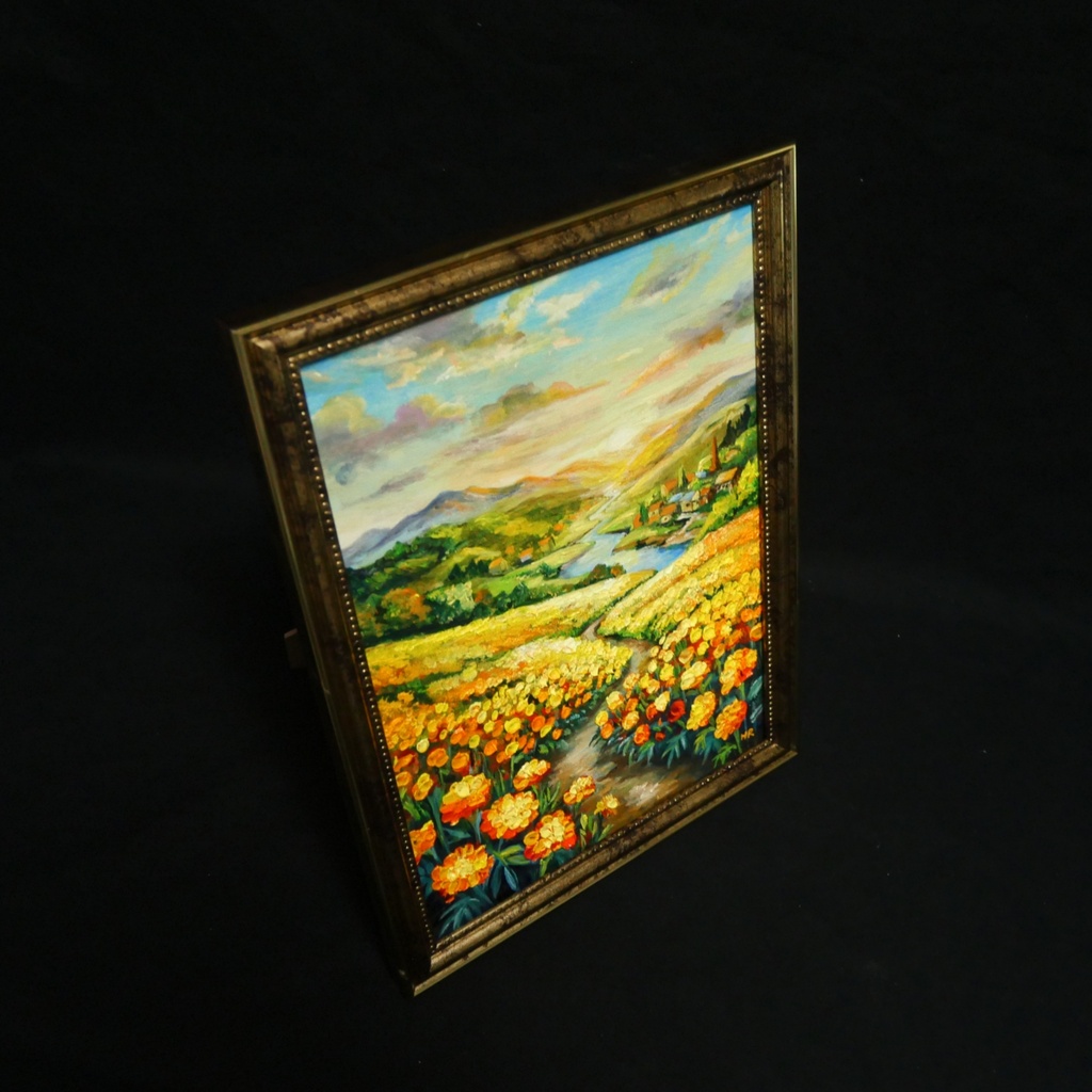 【油絵/原画/額装済】マリーゴールドの咲く黄金の夕暮れ風景画『至福の小道』A4サイズ/アンティークゴールド額縁/ギフト対応