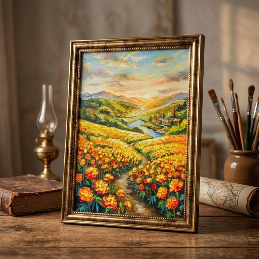 【油絵/原画/額装済】マリーゴールドの咲く黄金の夕暮れ風景画『至福の小道』A4サイズ/アンティークゴールド額縁/ギフト対応
