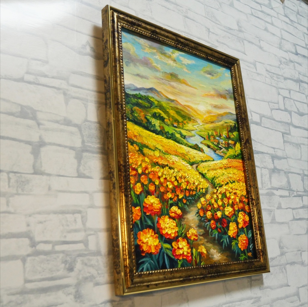 【油絵/原画/額装済】マリーゴールドの咲く黄金の夕暮れ風景画『至福の小道』A4サイズ/アンティークゴールド額縁/ギフト対応