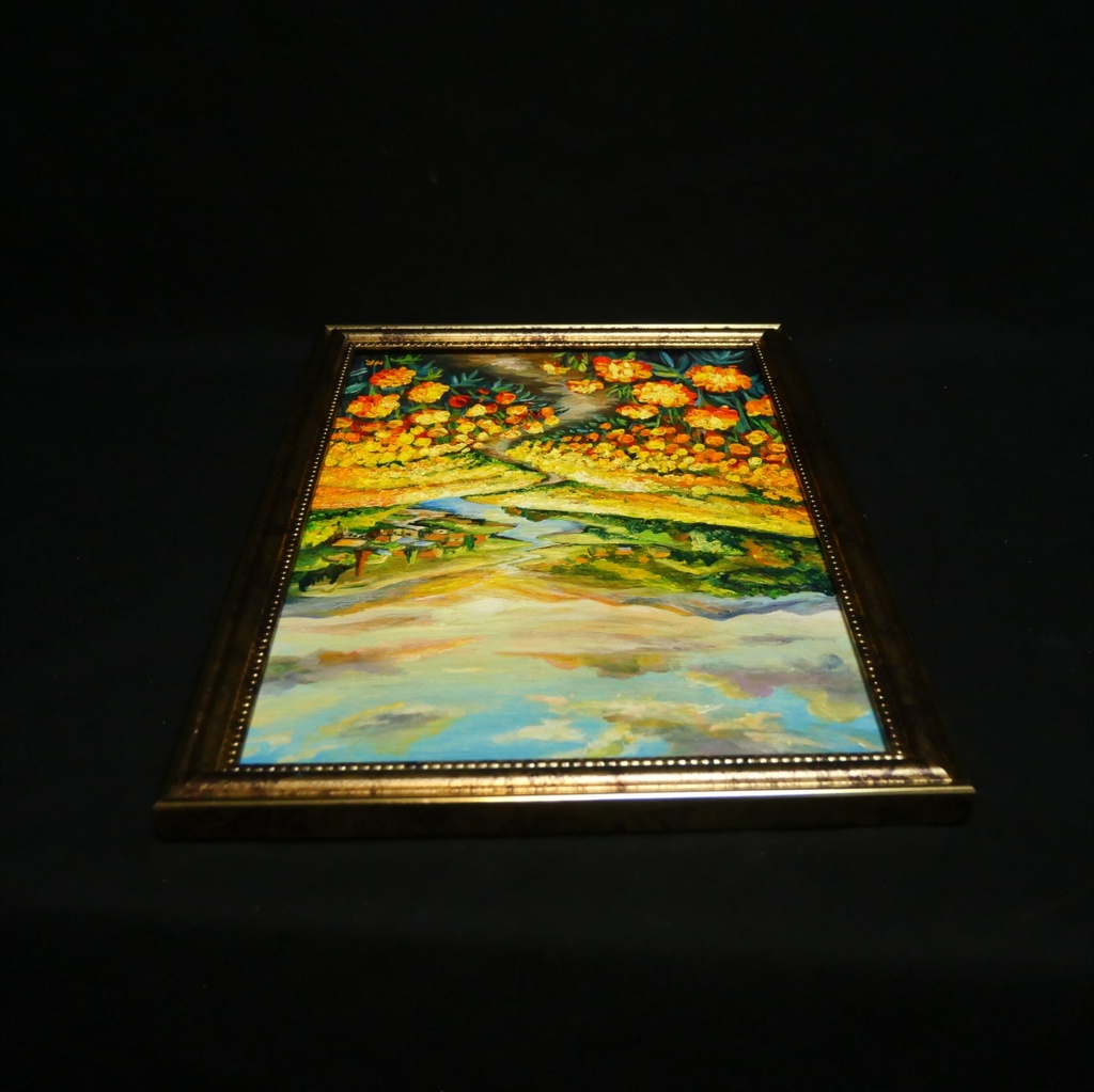 【油絵/原画/額装済】マリーゴールドの咲く黄金の夕暮れ風景画『至福の小道』A4サイズ/アンティークゴールド額縁/ギフト対応