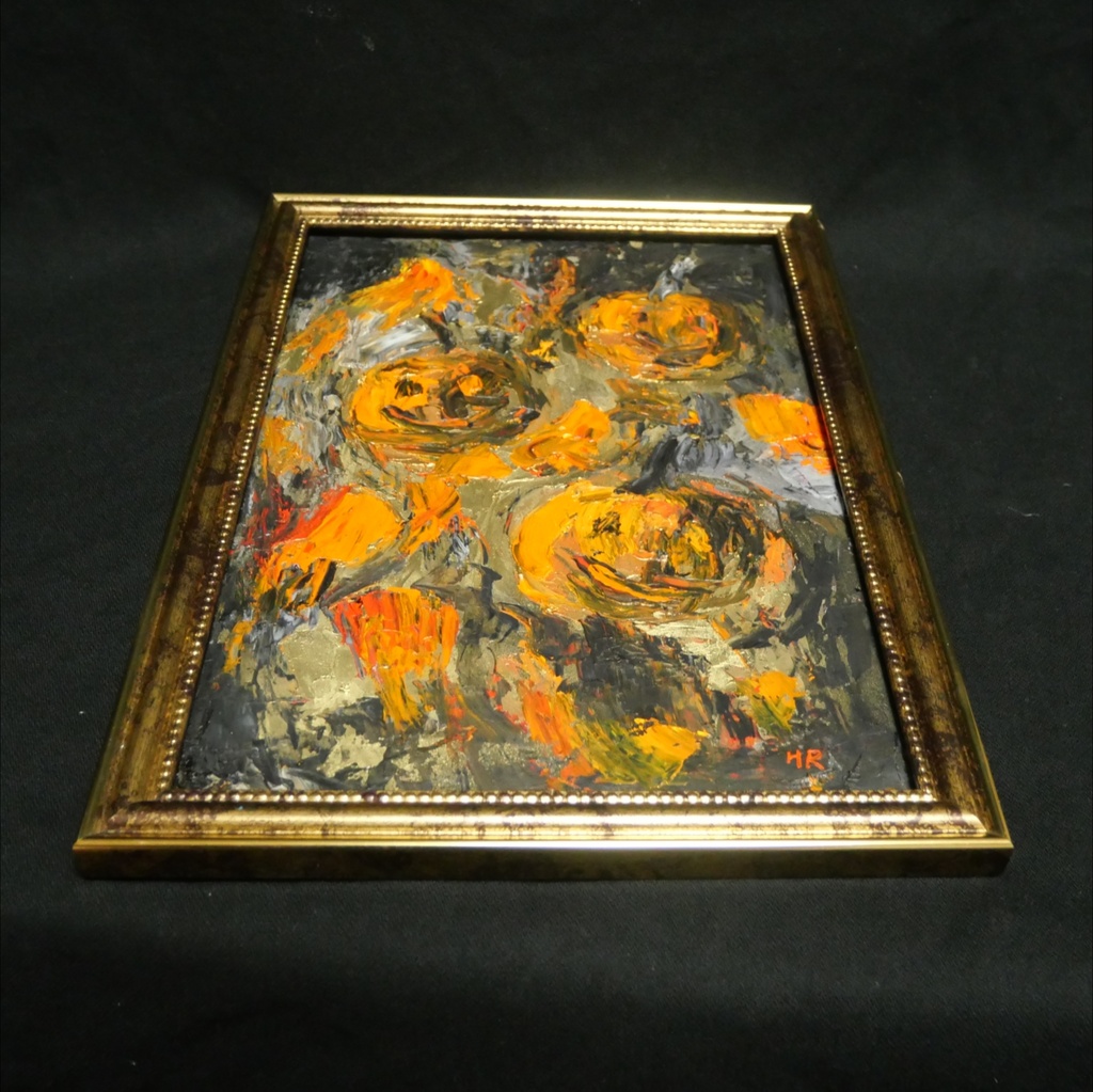 原画「夜を統べる金色のカボチャ」ハロウィン油絵/アンティークゴールドA4額装アート一点物