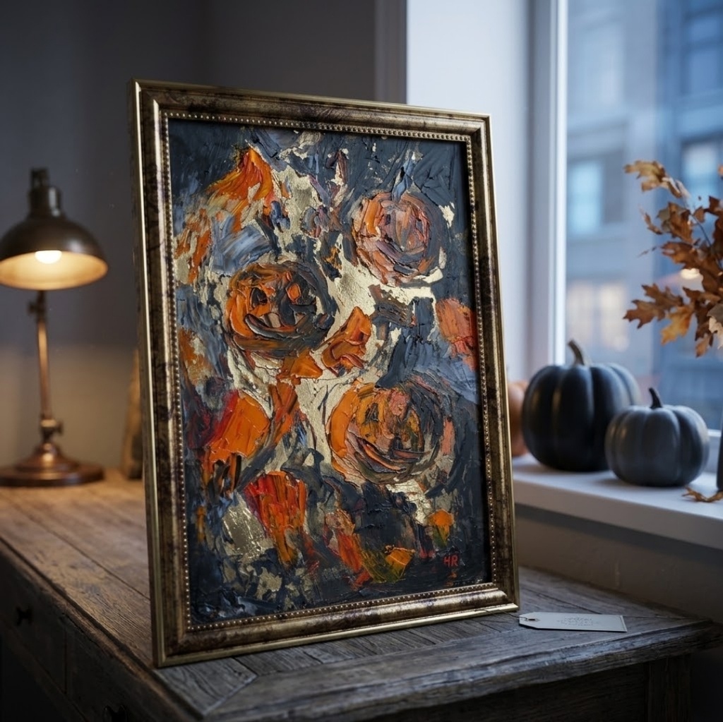 原画「夜を統べる金色のカボチャ」ハロウィン油絵/アンティークゴールドA4額装アート一点物