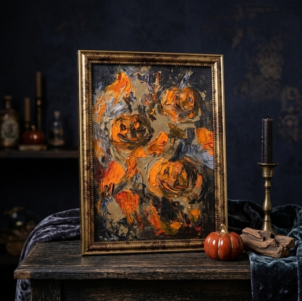 原画「夜を統べる金色のカボチャ」ハロウィン油絵/アンティークゴールドA4額装アート一点物