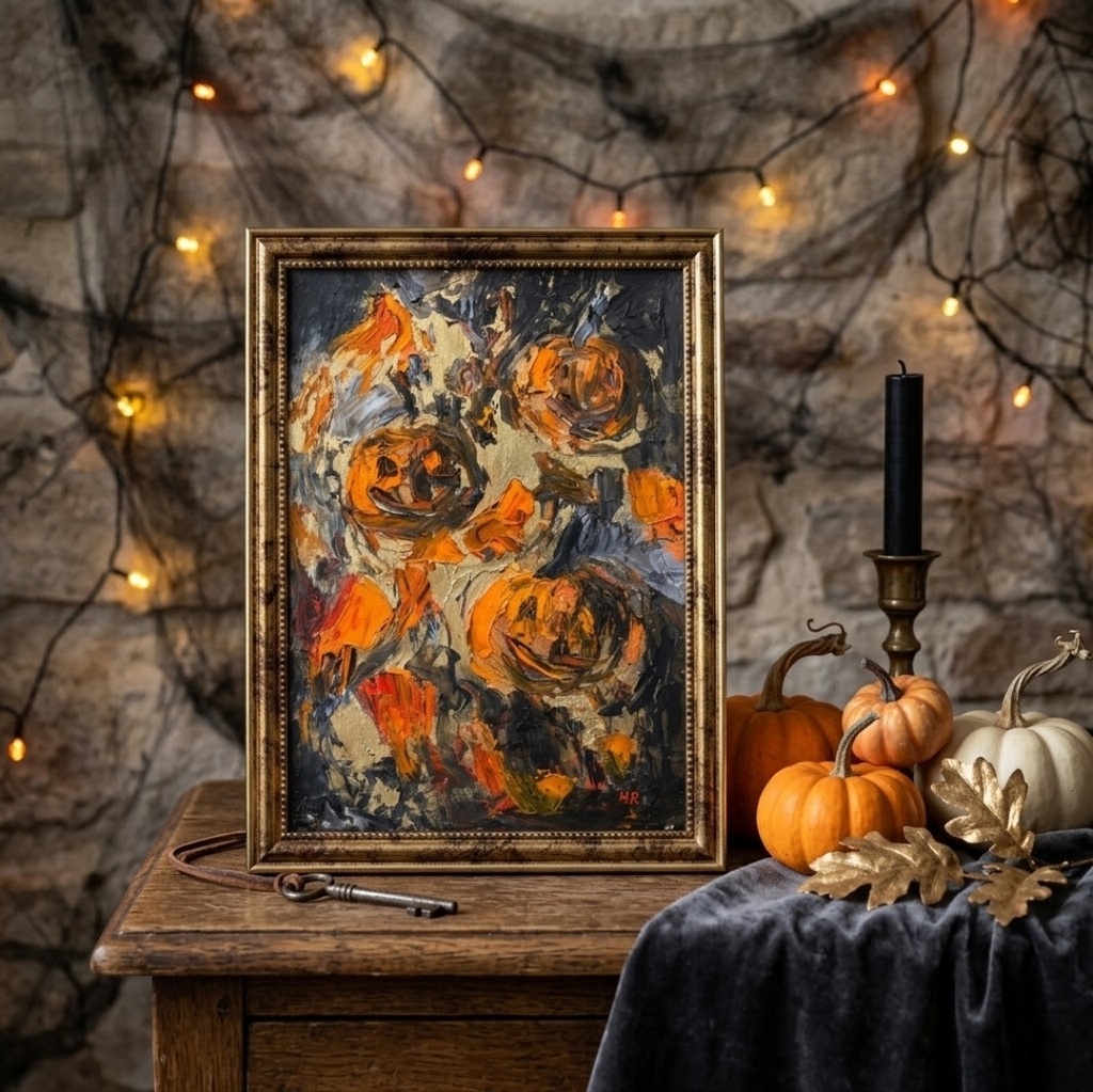 原画「夜を統べる金色のカボチャ」ハロウィン油絵/アンティークゴールドA4額装アート一点物