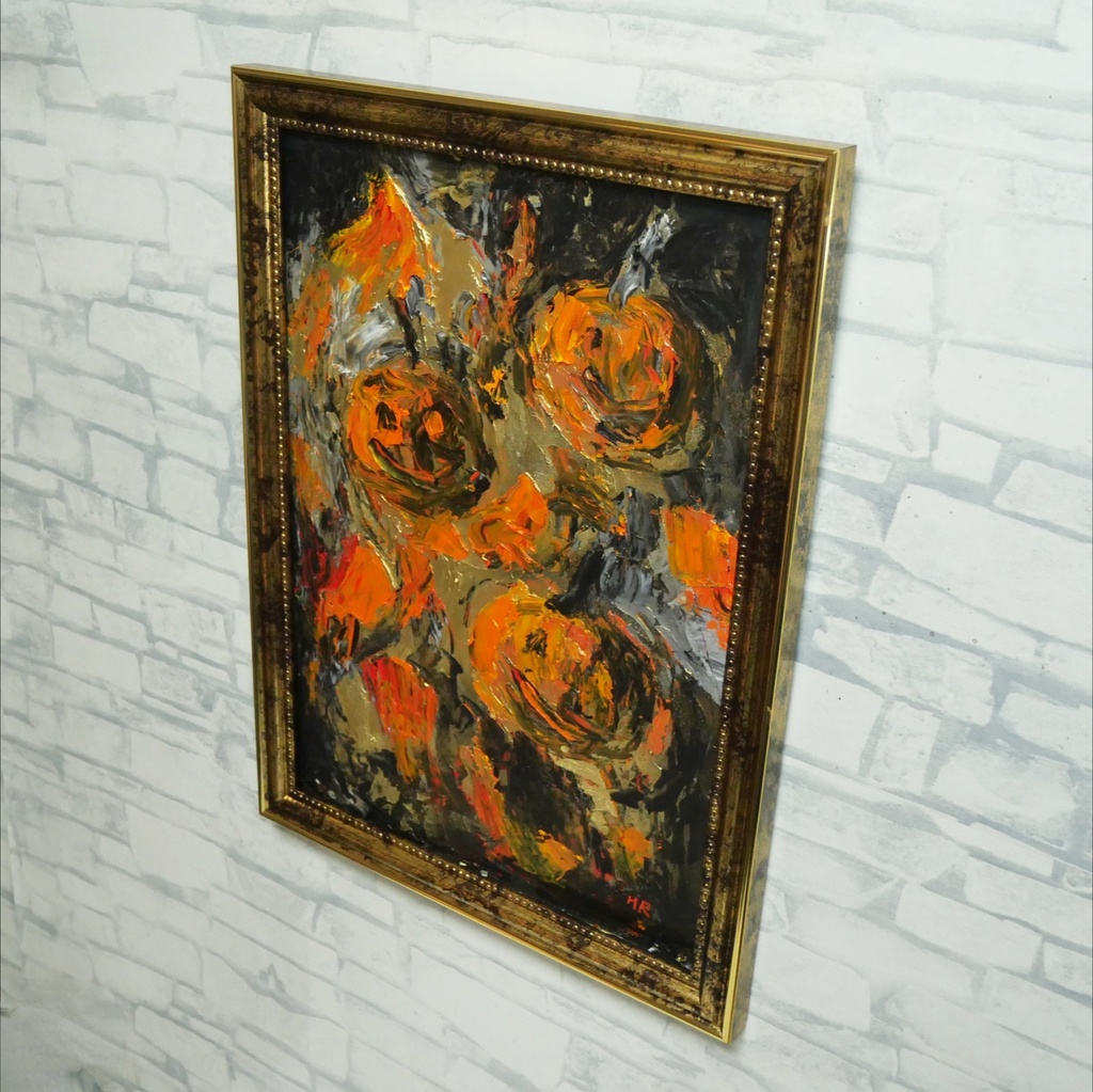 原画「夜を統べる金色のカボチャ」ハロウィン油絵/アンティークゴールドA4額装アート一点物