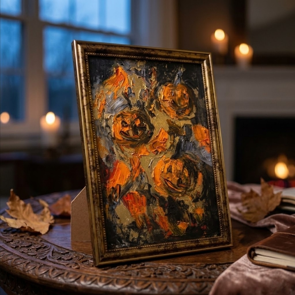原画「夜を統べる金色のカボチャ」ハロウィン油絵/アンティークゴールドA4額装アート一点物