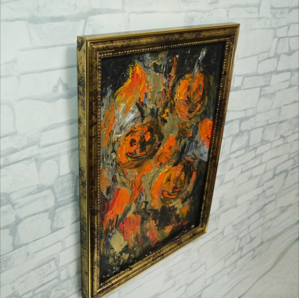 原画「夜を統べる金色のカボチャ」ハロウィン油絵/アンティークゴールドA4額装アート一点物
