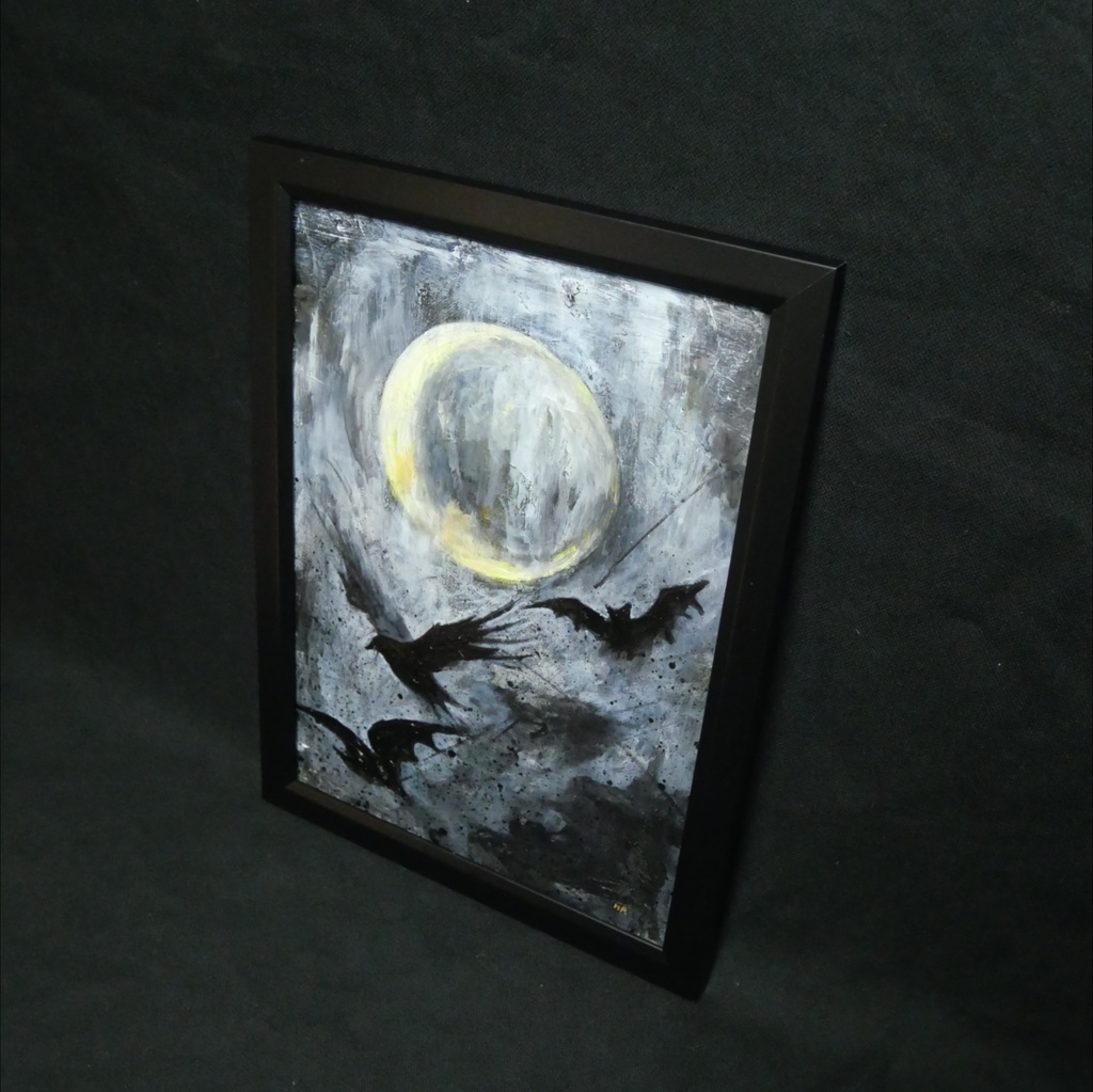 油絵原画『Lunar Eclipse』月蝕の夜に舞う(A4黒額縁・ラッピング付)ハロウィン ゴシック ダークファンタジー カラス 蝙蝠 額装済
