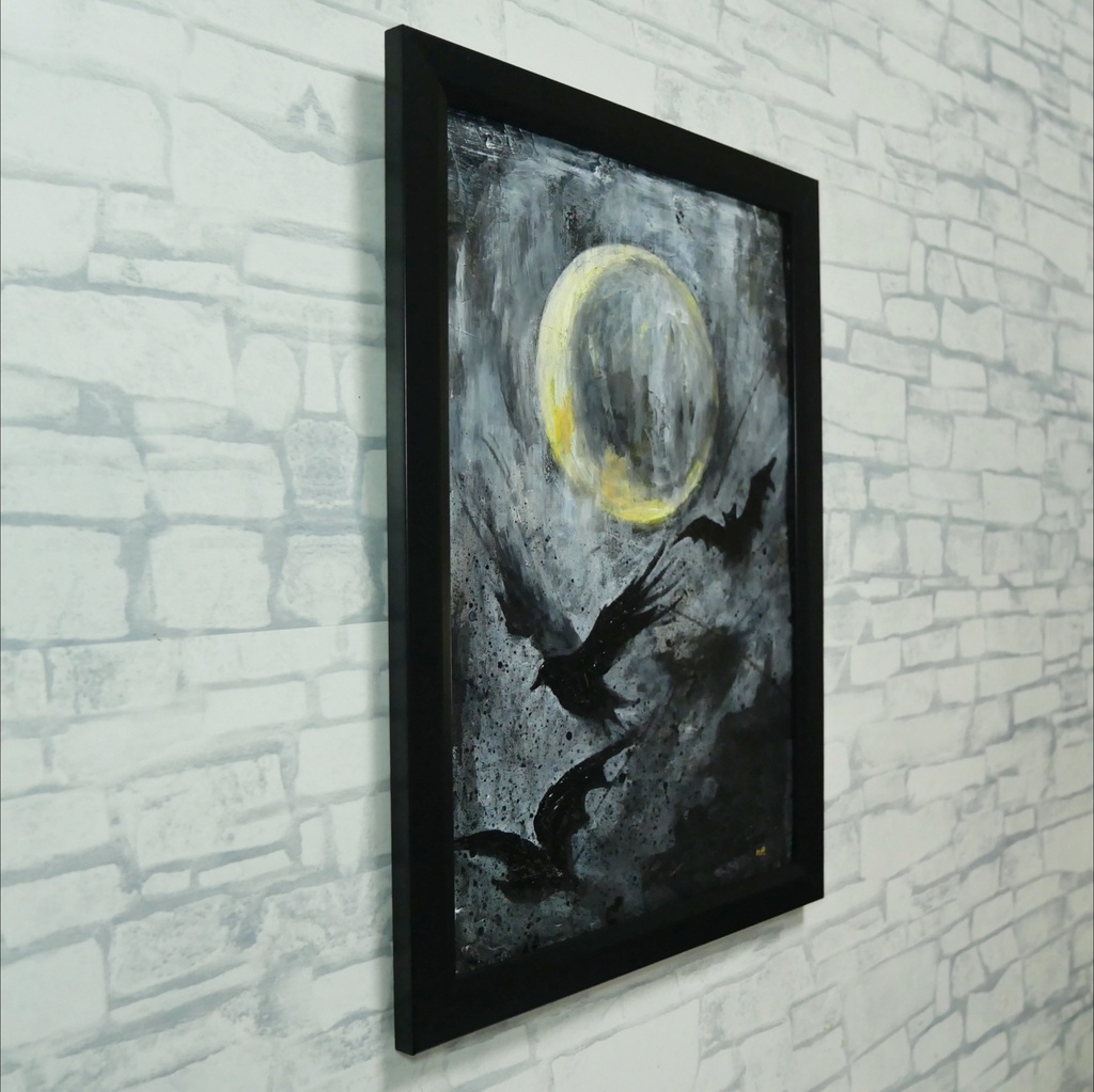 油絵原画『Lunar Eclipse』月蝕の夜に舞う(A4黒額縁・ラッピング付)ハロウィン ゴシック ダークファンタジー カラス 蝙蝠 額装済