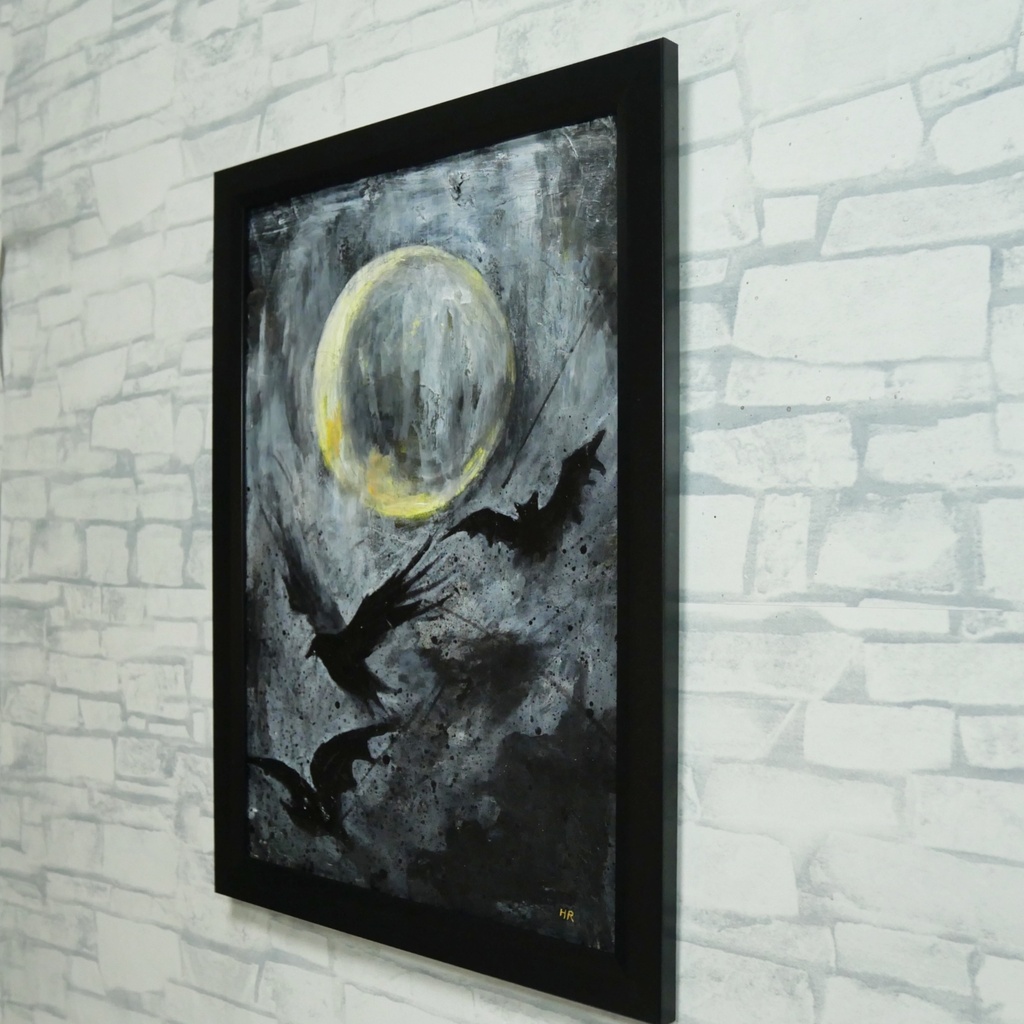 油絵原画『Lunar Eclipse』月蝕の夜に舞う(A4黒額縁・ラッピング付)ハロウィン ゴシック ダークファンタジー カラス 蝙蝠 額装済