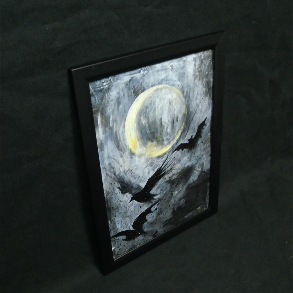 油絵原画『Lunar Eclipse』月蝕の夜に舞う(A4黒額縁・ラッピング付)ハロウィン ゴシック ダークファンタジー カラス 蝙蝠 額装済