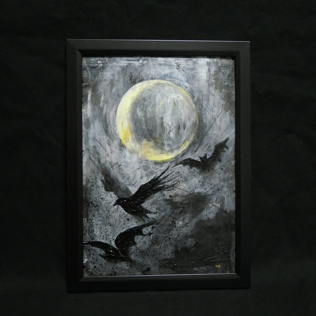 油絵原画『Lunar Eclipse』月蝕の夜に舞う(A4黒額縁・ラッピング付)ハロウィン ゴシック ダークファンタジー カラス 蝙蝠 額装済
