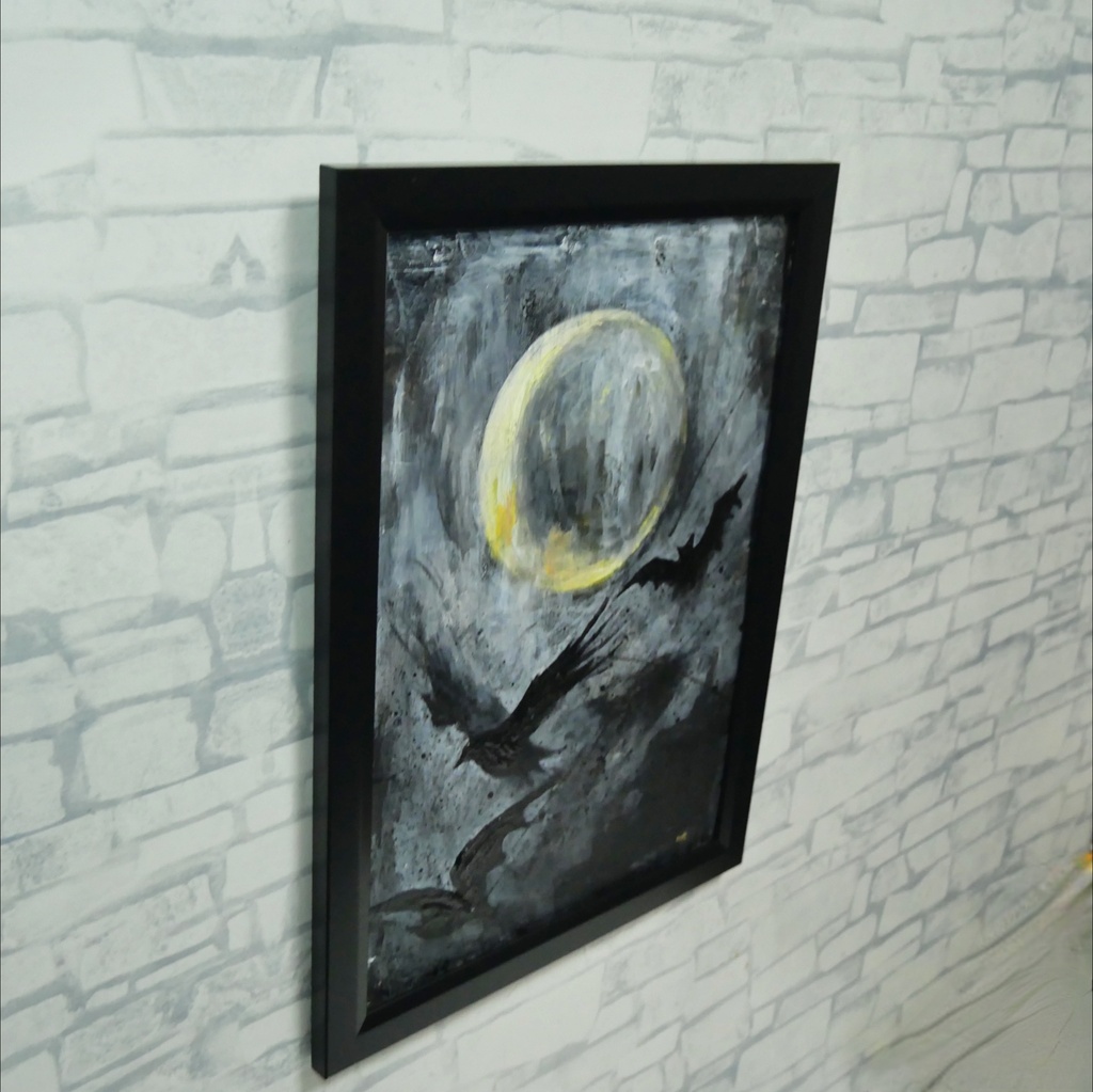 油絵原画『Lunar Eclipse』月蝕の夜に舞う(A4黒額縁・ラッピング付)ハロウィン ゴシック ダークファンタジー カラス 蝙蝠 額装済